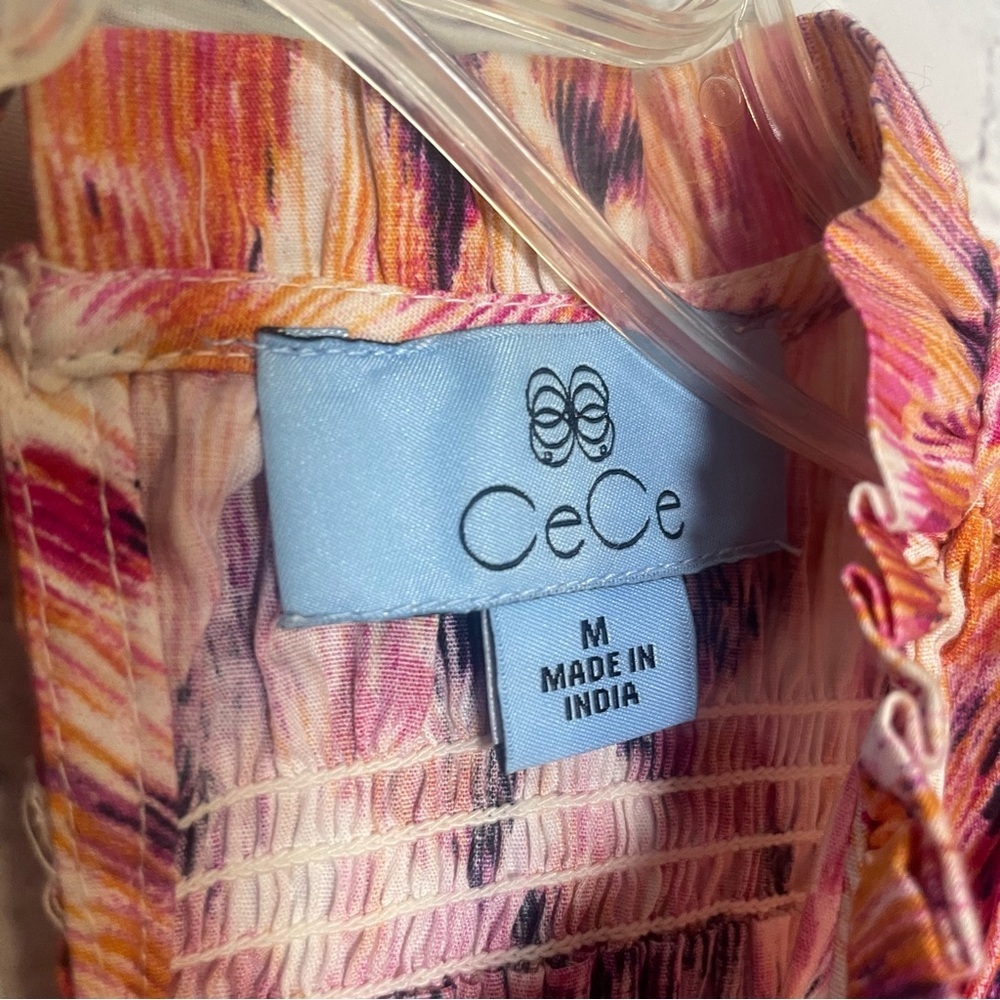 CeCe Floral Ruffle Sleeve Peplum Top Orange Pink Smocked Blouse Medium - Picture 6 of 7